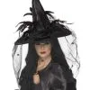 Edler Hexenhut Schwarz Mit Federn -Cosplay Verkäufe edler hexenhut schwarz mit federn eleganter spitzhut mit federn und tuellschleier hexen kostuemzubehoer 24624