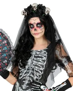 Schwarzer Brautschleier Mit Totenköpfen -Cosplay Verkäufe schwarzer brautschleier mit totenkoepfen black veil with skulls halloween kostuemzubehoer 37534 3
