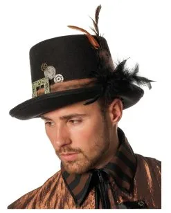 Steampunk Zylinder Mit Feder Schwarz